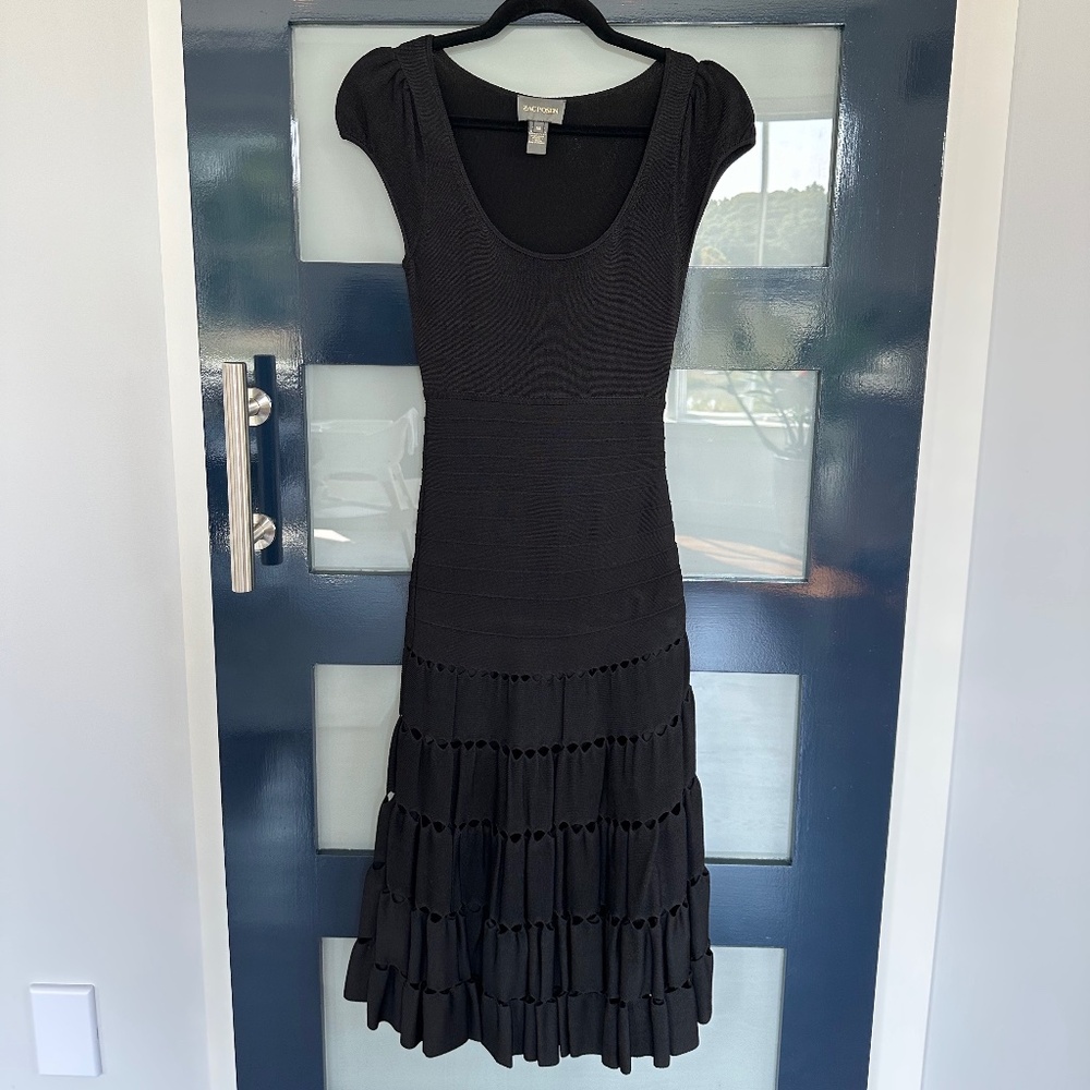 ZAC POSEN Cap Sleeve Drop Waist Dress, Black